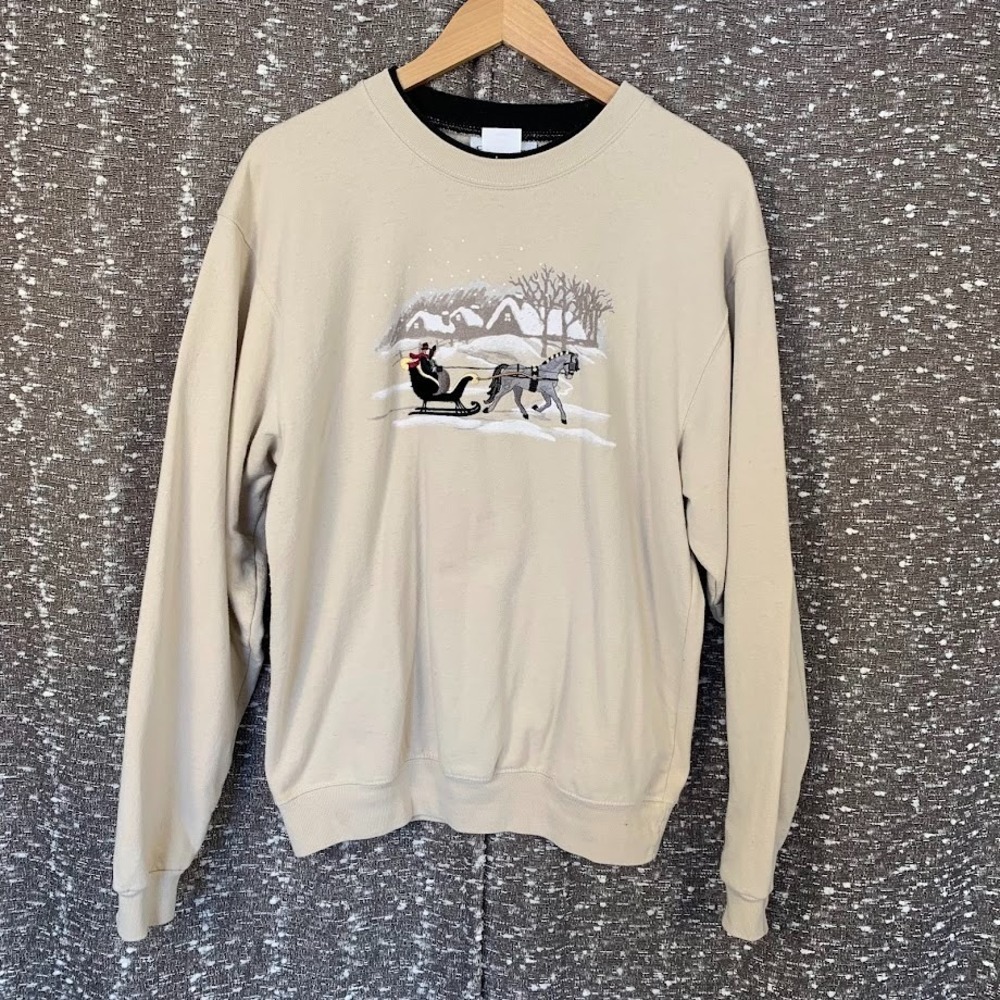 Vintage Country Store Embroidered Holiday Sweater Carriage Horses Women's‎ M